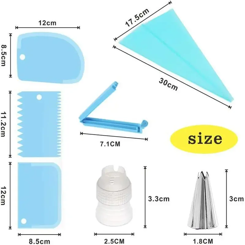 Dimensions réelles du kit : poche 30 × 17,5 cm, douille inox 3 × 1,8 cm, coupleur 3,3 cm, lisseurs de 8,5 à 12 cm, clip 7,1 cm